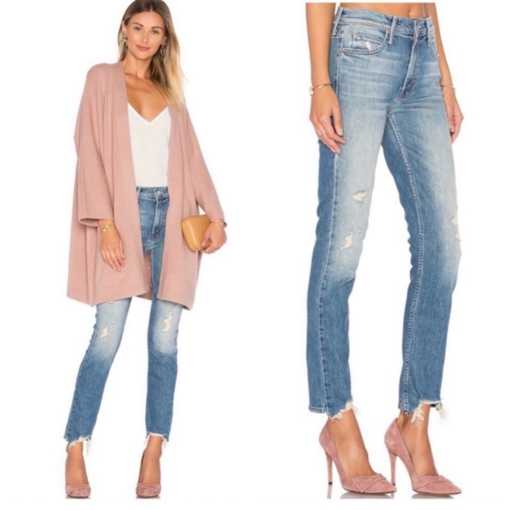 MOTHER Straight Leg Distressed Jeans in Light Blue